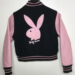 VTG PLAYBOY Pink Logo 2 In 1 leather Wool Jacket